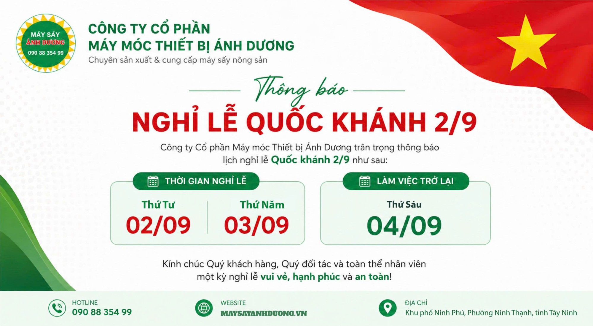 THÔNG BÁO LỊCH NGHỈ LỄ QUỐC KHÁNH 2/9/2026