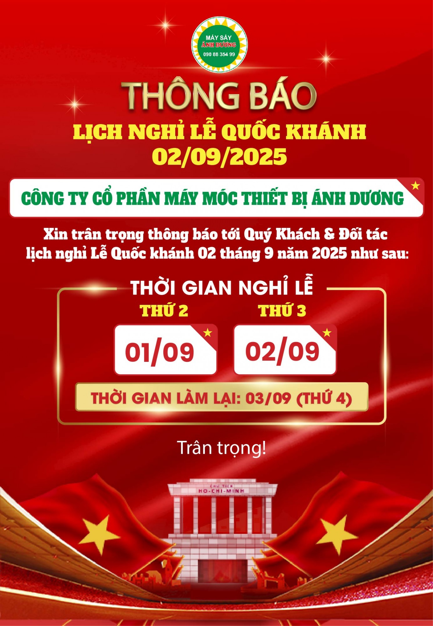 🎉️🎉 THÔNG BÁO LỊCH NGHỈ LỄ QUỐC KHÁNH 2/9 🎉️🎉